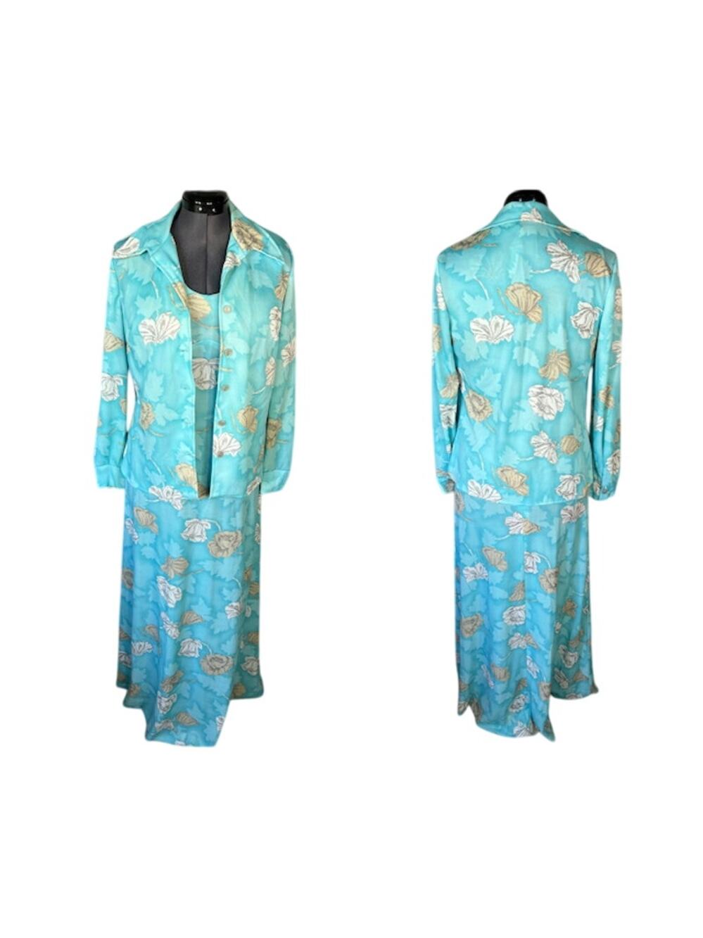 maxi dress with jacket floral blue tan 1970s
